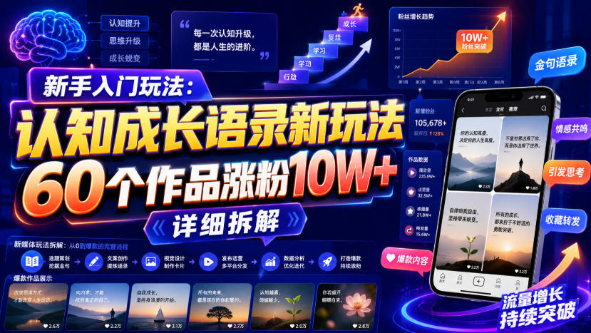 新手入门玩法：认知成长语录新玩法，60个作品涨粉10W+，详细拆解-179创客网