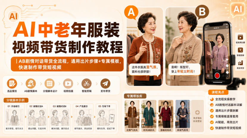AI中老年服装视频带货制作教程｜AB剧情对话带货全流程，通用出片步骤+专属模板，快速制作带货短视频-179创客网