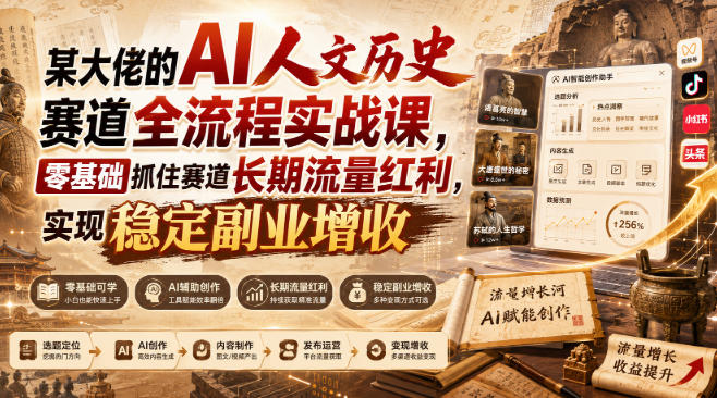 某大佬的AI人文历史赛道全流程实战课，零基础抓住赛道长期流量红利，实现稳定副业增收-179创客网