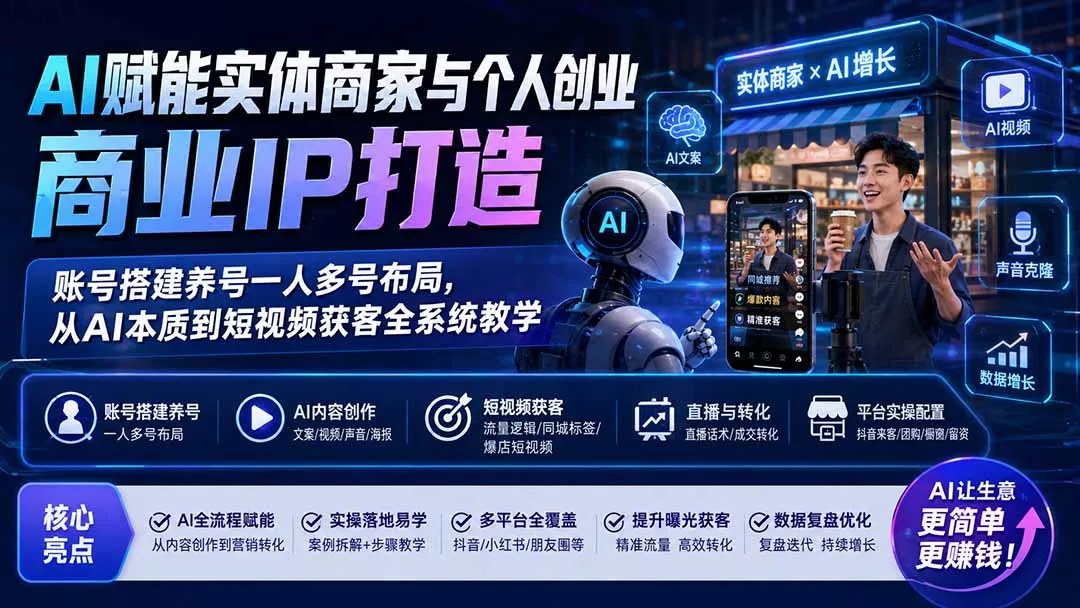 AI赋能实体商家与个人创业商业IP打造；账号搭建养号一人多号布局，从AI本质到短视频获客全系统教学-179创客网