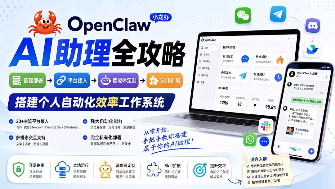 OpenClaw小龙虾 AI助理全攻略：基础部署→平台接入→智能体定制→Skill扩展，搭建个人自动化效率工作系统-179创客网