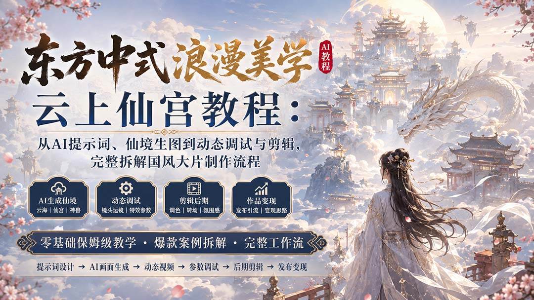 （20147期）东方中式浪漫美学云上仙宫教程：从AI提示词、仙境生图到动态调试与剪辑，完整拆解国风大片制作流程-179创客网