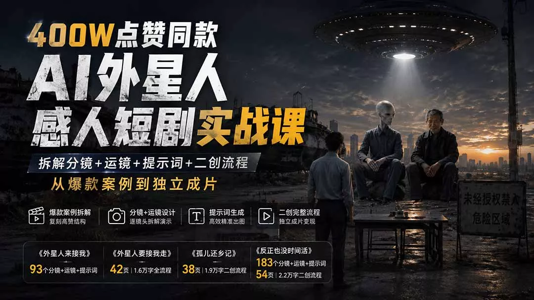 400W点赞同款AI外星人感人短剧实战课：拆解分镜+运镜+提示词+二创流程，从爆款案例到独立成片-179创客网