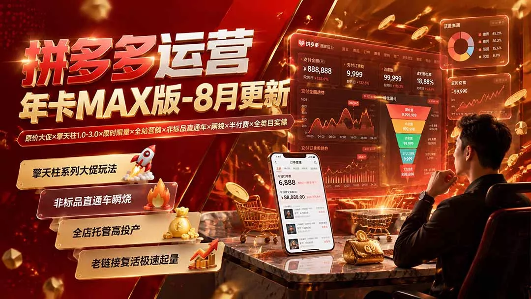 拼多多运营年卡MAX版-8月：原价大促×擎天柱1.0-3.0×限时限量×全站营销×非标品直通车×瞬烧×半付费×全类目实操-179创客网