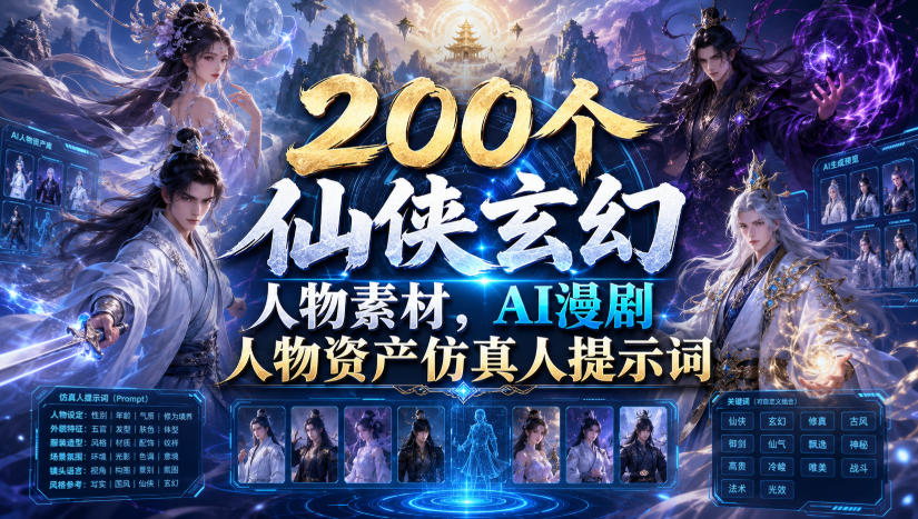 200个仙侠玄幻人物素材，AI漫剧人物资产仿真人提示词-179创客网