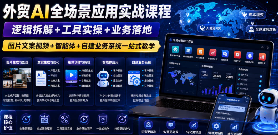 外贸AI全场景应用实战课程｜逻辑拆解+工具实操+业务落地，图片文案视频+智能体+自建业务系统一站式教学-179创客网
