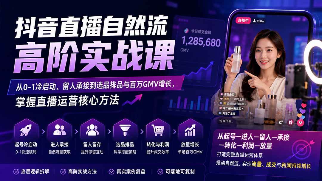 （20058期）抖音直播自然流高阶实战课：从0-1冷启动、留人承接到选品排品与百万GMV增长，掌握直播运营核心方法-179创客网