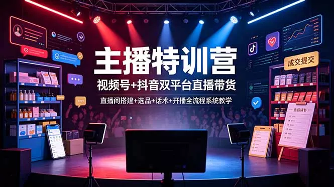 主播特训营：视频号+抖音双平台直播带货，直播间搭建+选品+话术+开播全流程系统教学-179创客网
