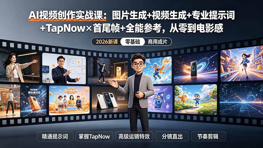 （19383期）AI视频创作实战课：图片生成+视频生成+专业提示词+TapNow×首尾帧+全能参考，从零到电影感成片-179创客网