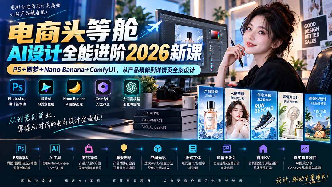 （20284期）电商头等舱AI设计全能进阶2026新课：PS+即梦+Nano Banana+ComfyUI，从产品精修到详情页全案设计-179创客网