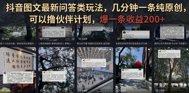 抖音图文最新问答类玩法，几分钟一条纯原创，可以撸伙伴计划，爆一条收益200+-179创客网