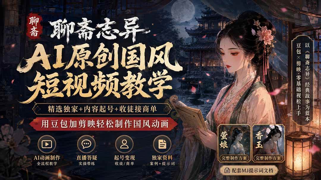 （19834期）聊斋志异AI原创国风短视频教学；精选独家+内容起号+收徒接商单，用豆包加剪映轻松制作国风动画-179创客网
