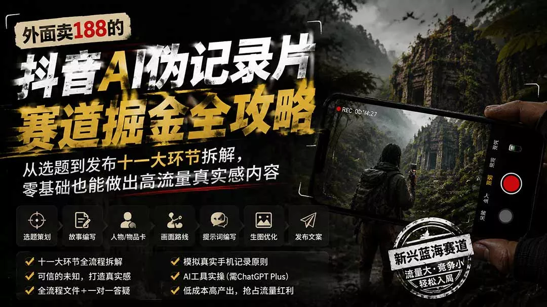 外面卖188的抖音AI伪记录片赛道掘金全攻略；从选题到发布十一大环节拆解，零基础也能做出高流量真实感内容-179创客网