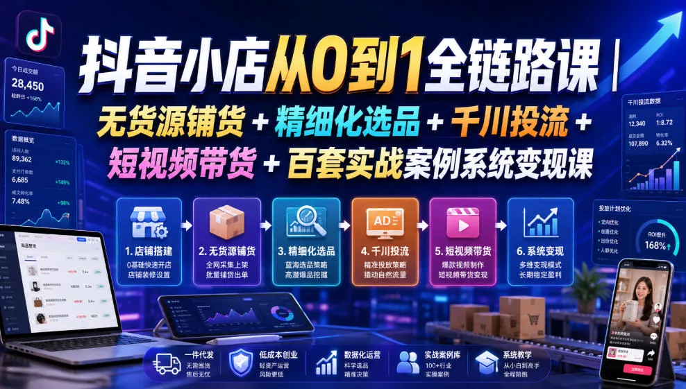 抖音小店从0到1全链路课｜无货源铺货+精细化选品+千川投流+短视频带货+百套实战案例系统变现课(2026年7月更新)-179创客网
