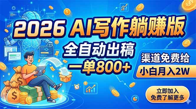 （18885期）2026 AI写作躺赚版：全自动出稿，一单800+，渠道免费给，小白月入2W-179创客网