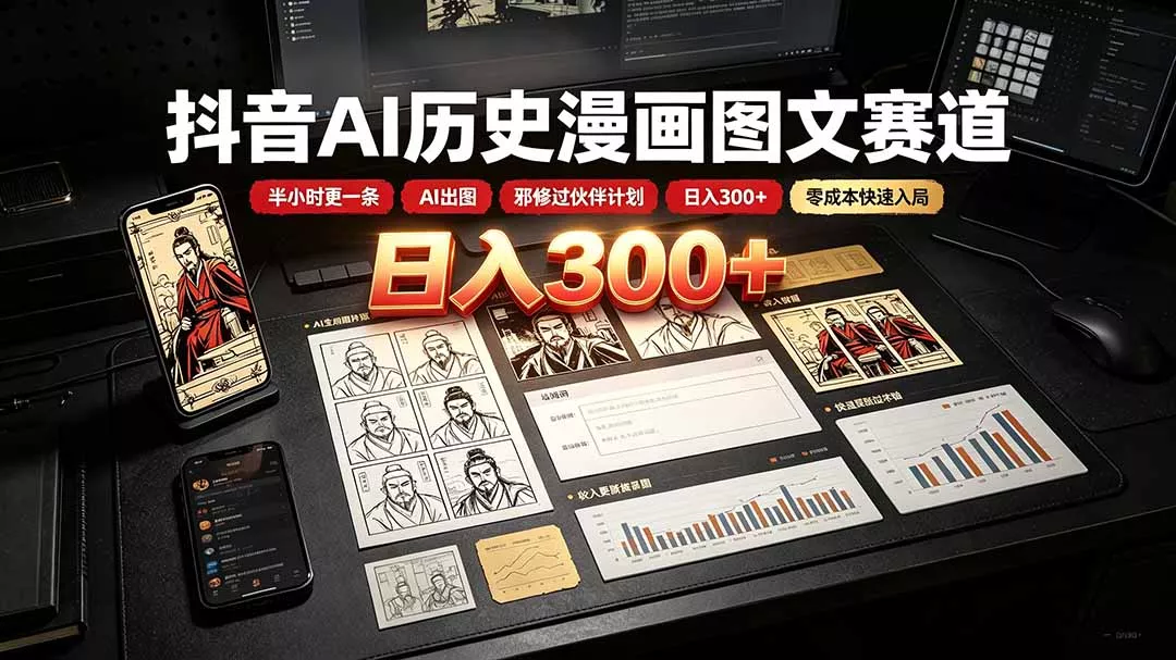 抖音AI历史漫画图文赛道：半小时更一条×AI出图×邪修过伙伴计划×日入300+，零成本快速入局-179创客网