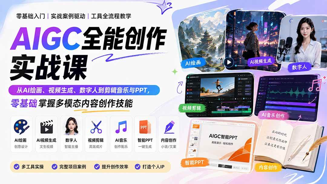（20065期）AIGC全能创作实战课：从AI绘画、视频生成、数字人到剪辑音乐与PPT，零基础掌握多模态内容创作技能-179创客网