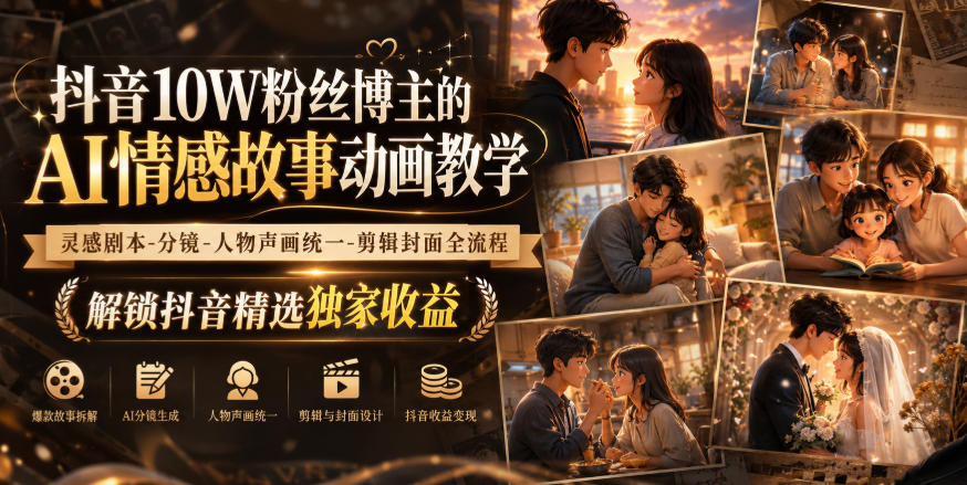 抖音10W粉丝博主的AI情感故事动画教学，灵感剧本‑分镜‑人物声画统一‑剪辑封面全流程，解锁抖音精选独家收益-179创客网