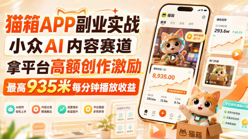 猫箱APP副业实战，小众AI内容赛道，拿平台高额创作激励，最高935米每分钟播放收益-179创客网