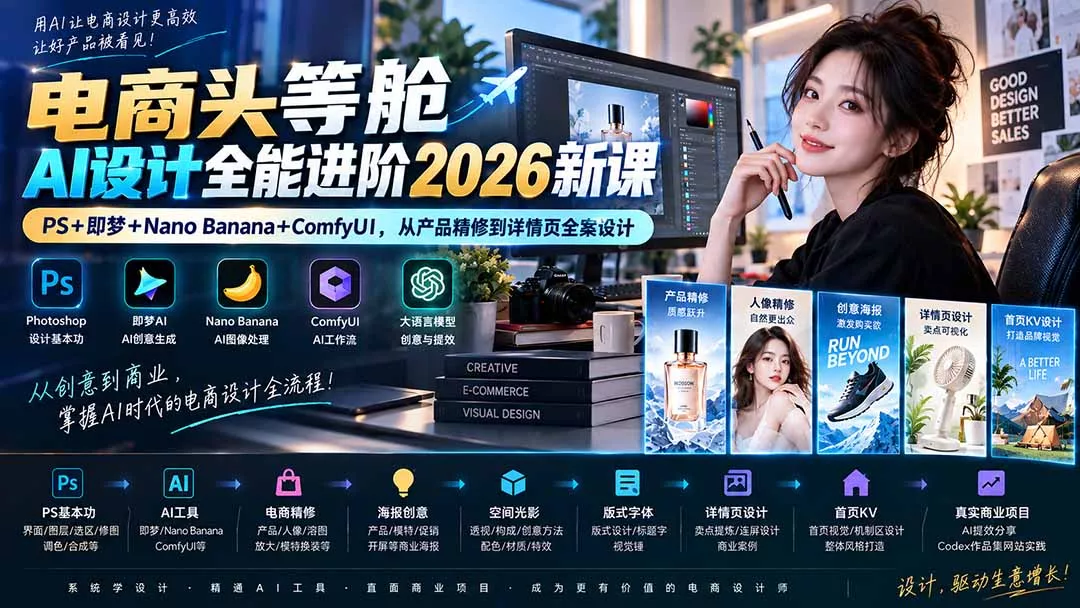 电商头等舱AI设计全能进阶2026新课:PS+即梦+Nano Banana+ComfyUI,从产品精修到详情页全案设计 电商头等舱AI设计全能进阶2026新课:PS+即梦+Nano Banana+ComfyUI,从产品精修到详情页全案设计
