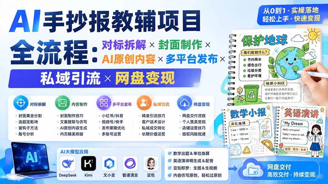 （19785期）AI手抄报教辅项目全流程：对标拆解×封面制作×AI原创内容×多平台发布×私域引流×网盘变现-179创客网