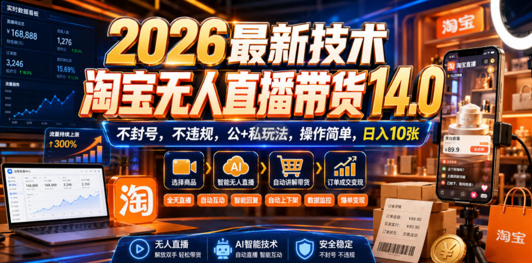 2026最新技术，淘宝无人直播带货14.0，不封号，不违规，公+私玩法，操作简单，日入10张【揭秘】-179创客网