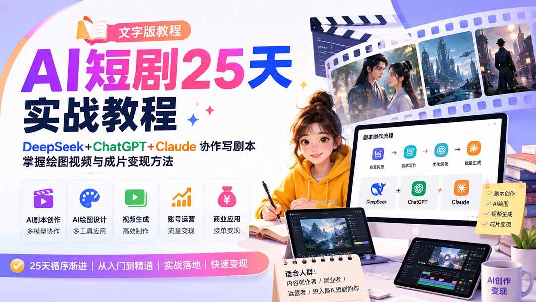 （20225期）AI短剧25天实战教程（文字版教程）：DeepSeek+ChatGPT+Claude协作写剧本，掌握绘图视频与成片变现方法-179创客网
