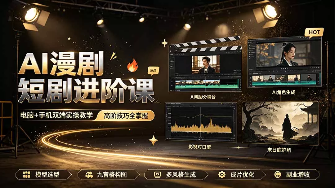 AI漫剧短剧进阶课｜电脑+手机双端实操教学｜影视剧对口型人物吃瓜×解压末日庇护所全程讲解，高阶技巧全掌握-179创客网