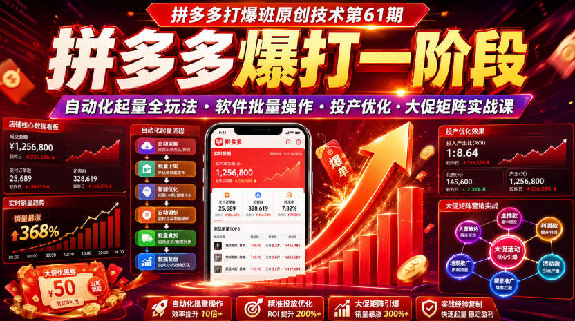 拼多多打爆班原创技术第61期，拼多多爆打一阶段，自动化起量全玩法・软件批量操作・投产优化・大促矩阵实战课-179创客网