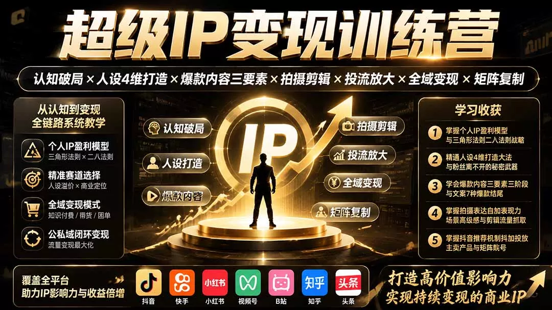 超级IP变现训练营：认知破局×人设4维打造×爆款内容三要素×拍摄剪辑×投流放大×全域变现×矩阵复制-179创客网
