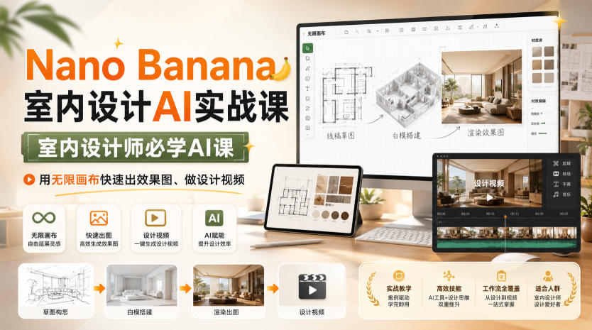 Nano Banana室内设计AI实战课，室内设计师必学AI课，用无限画布快速出效果图、做设计视频-179创客网