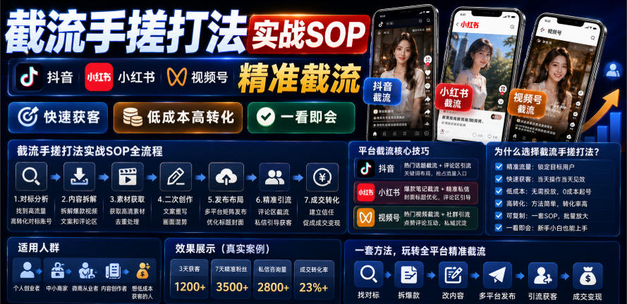 截流手搓打法实战SOP，抖音小红书视频号精准截流，快速获客，低成本高转化，一看即会-179创客网