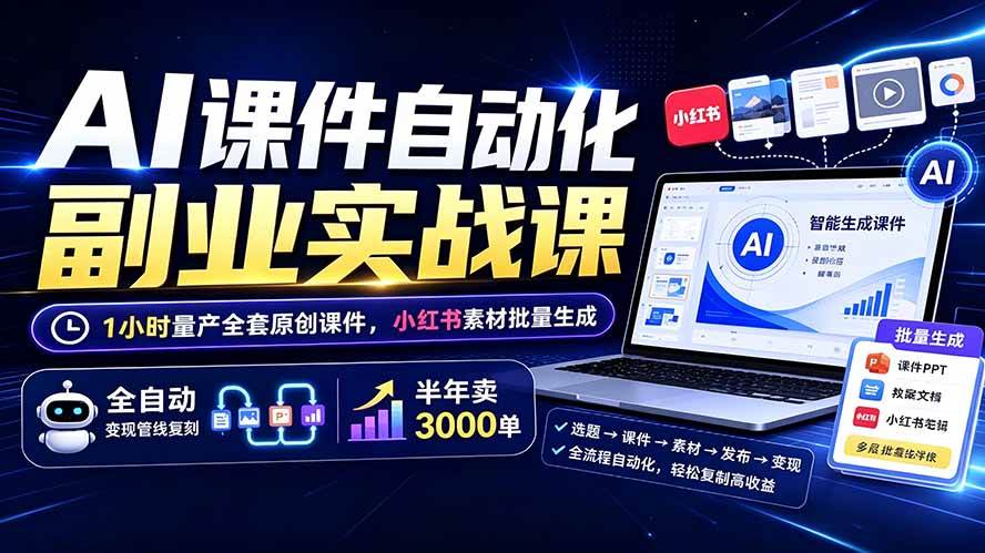 （19518期）AI课件自动化副业实战课：1小时量产全套原创课件×小红书素材批量生成×全自动变现管线×半年卖3000单-179创客网