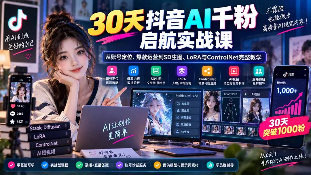 30天抖音AI千粉启航实战课：从账号定位、爆款运营到SD生图、LoRA与ControlNet完整教学-179创客网