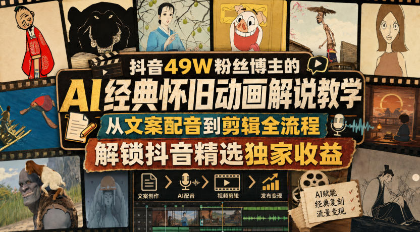 抖音49W粉丝博主的AI经典怀旧动画解说教学，从文案配音到剪辑全流程，解锁抖音精选独家收益-179创客网