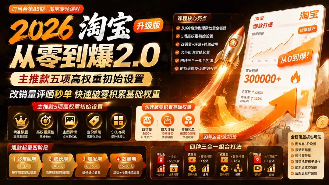 2026淘宝从零到爆2.0第85期；主推款五项高权重初始设置，改销量评晒秒单快速破零积累基础权重-179创客网
