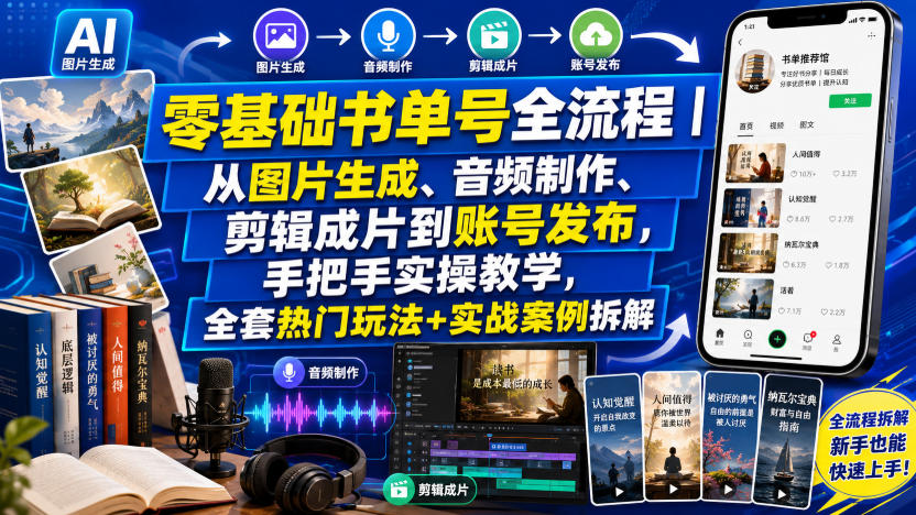零基础书单号全流程｜从图片生成、音频制作、剪辑成片到账号发布，手把手实操教学，全套热门玩法+实战案例拆解-179创客网