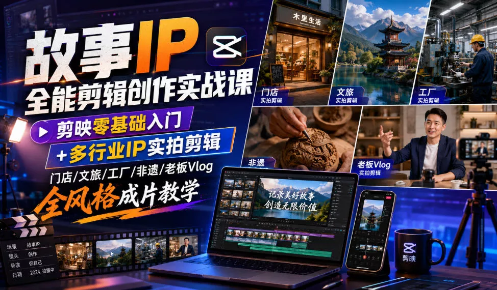 故事IP全能剪辑创作实战课｜剪映零基础入门+多行业IP实拍剪辑，门店/文旅/工厂/非遗/老板Vlog全风格成片教学-179创客网