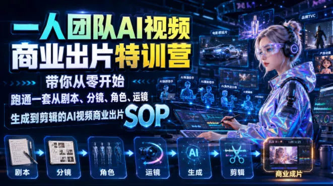 一人团队AI视频商业出片实战课：带你从零开始跑通一套从剧本、分镜、角色、运镜、生成到剪辑的AI视频商业出片SOP-179创客网