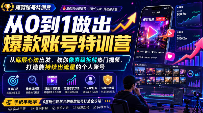 从0到1做出爆款账号特训营，从底层心法出发，教你像素级拆解热门视频，打造能持续出流量的个人账号-179创客网