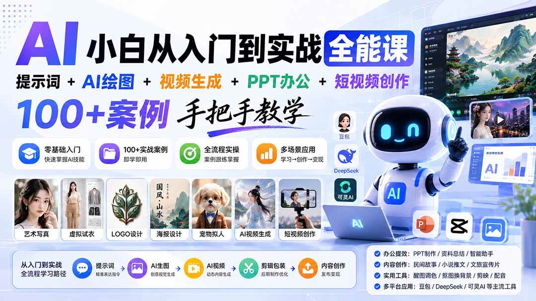 （20018期）AI小白从入门到实战全能课：提示词+AI绘图+视频生成+PPT办公+短视频创作，100+案例手把手教学