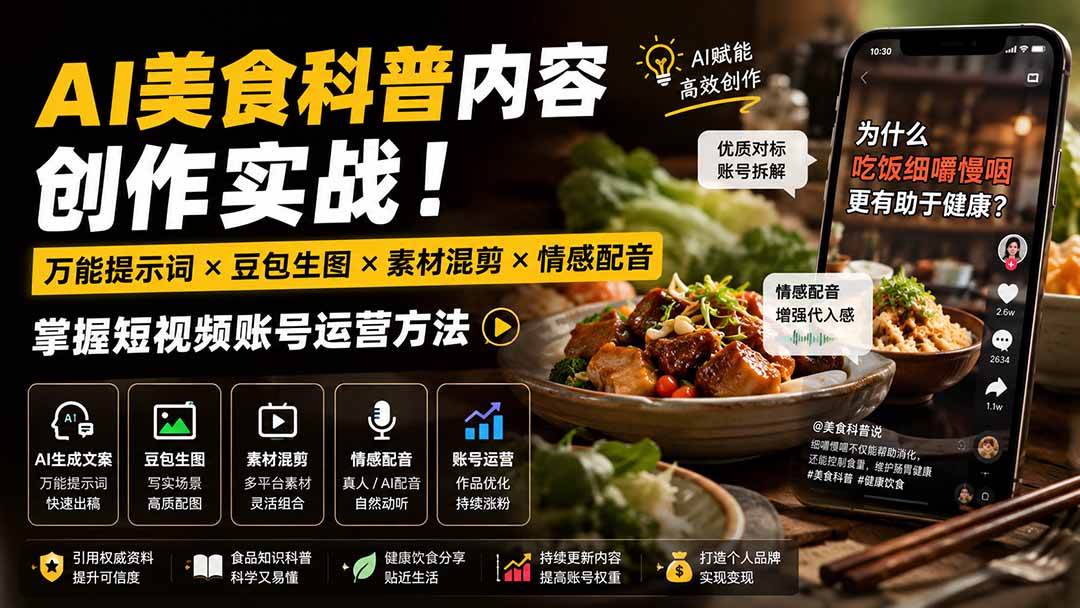 （19730期）外面卖199元-AI美食科普内容创作实战！万能提示词×豆包生图×素材混剪×情感配音，掌握短视频账号运营方法-179创客网