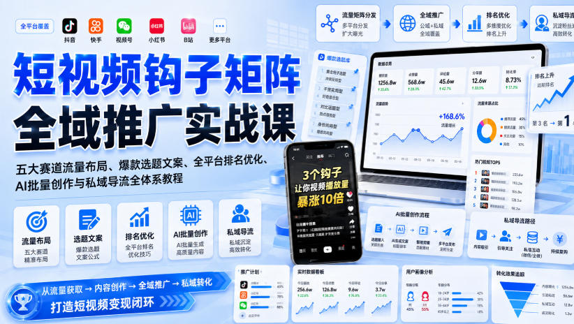 短视频钩子矩阵全域推广实战课｜五大赛道流量布局、爆款选题文案、全平台排名优化、AI批量创作与私域导流全体系教程-179创客网
