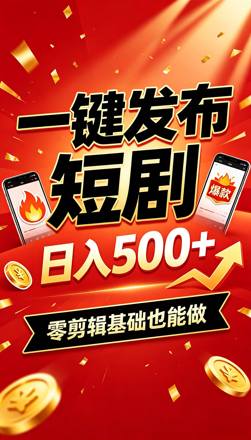 快手短剧一键发布，不用剪辑操作简单，副业日入500+。空闲时间轻松赚收益-179创客网