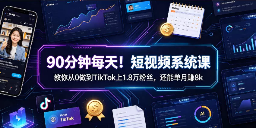 90分钟每天！短视频系统课教你从0做到TikTok上1.8万粉丝，还能单月賺8k【原创双语字幕】-179创客网
