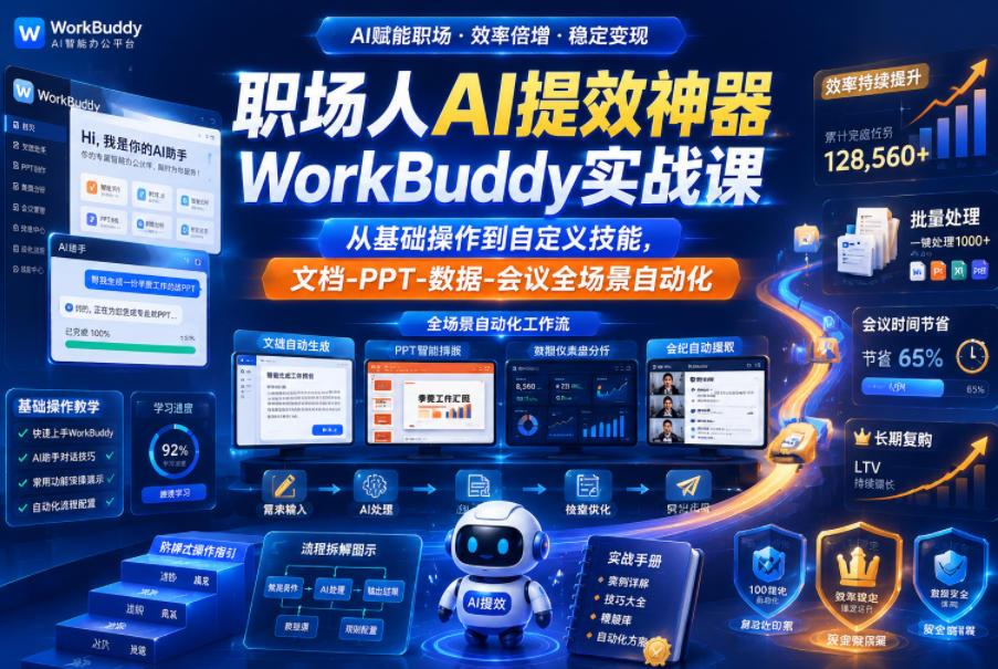 职场人AI提效神器WorkBuddy实战课，从基础操作到自定义技能，文档-PPT-数据-会议全场景自动化-179创客网
