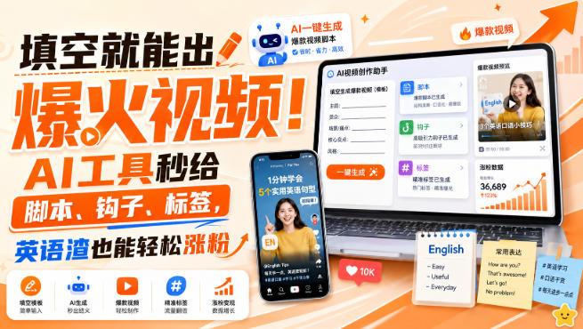 填空就能出爆火视频！AI工具秒给脚本、钩子、标签，英语渣也能轻松涨粉【原创双语字幕】-179创客网