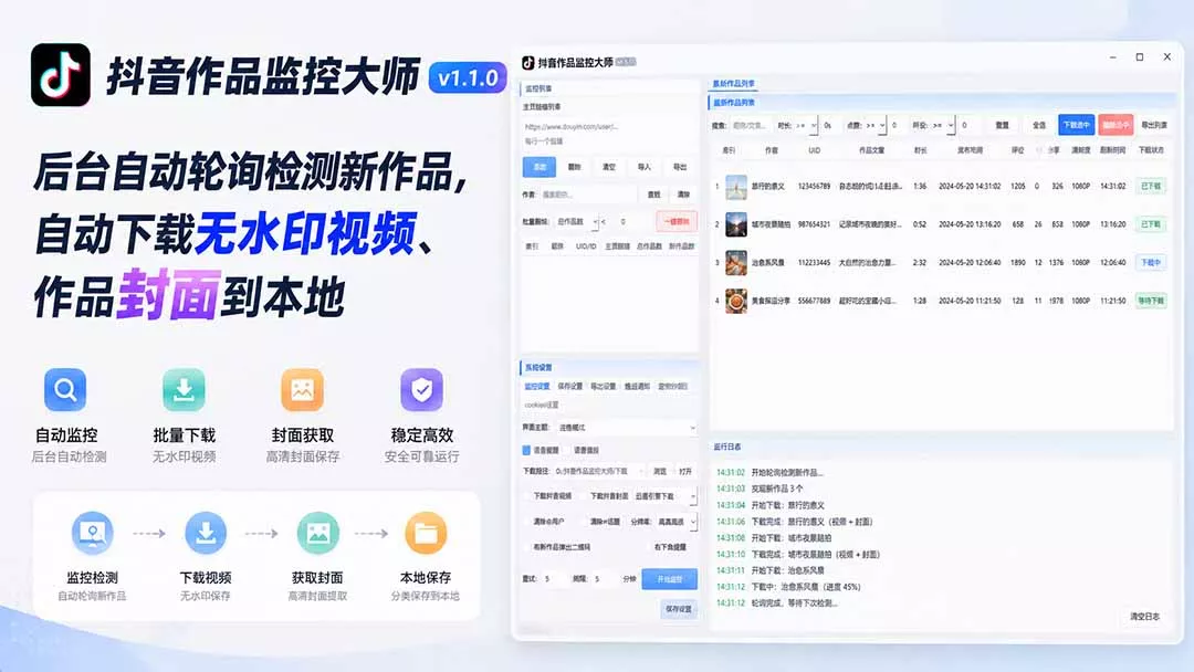 抖音作品监控大师v1.1.0：后台自动轮询检测新作品，自动下载无水印视频、作品封面到本地-179创客网
