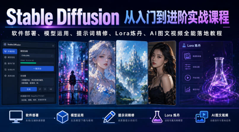 Stable Diffusion从入门到进阶实战课程｜软件部署、模型运用、提示词精修、Lora炼丹、AI图文视频全能落地教程-179创客网