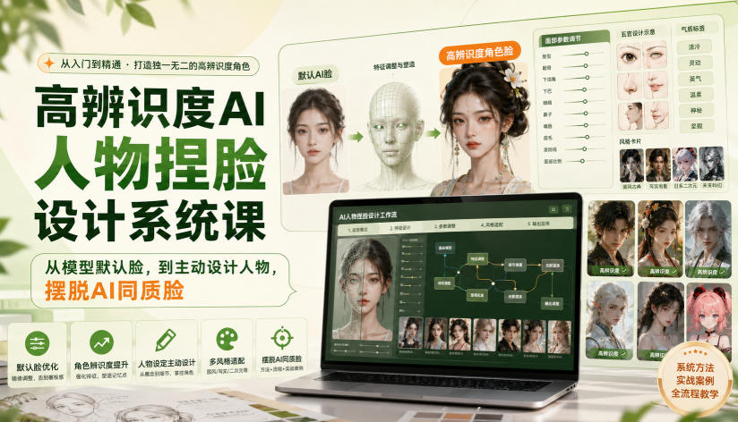 高辨识度AI人物捏脸设计系统课，从模型默认脸，到主动设计人物，摆脱AI同质脸-179创客网